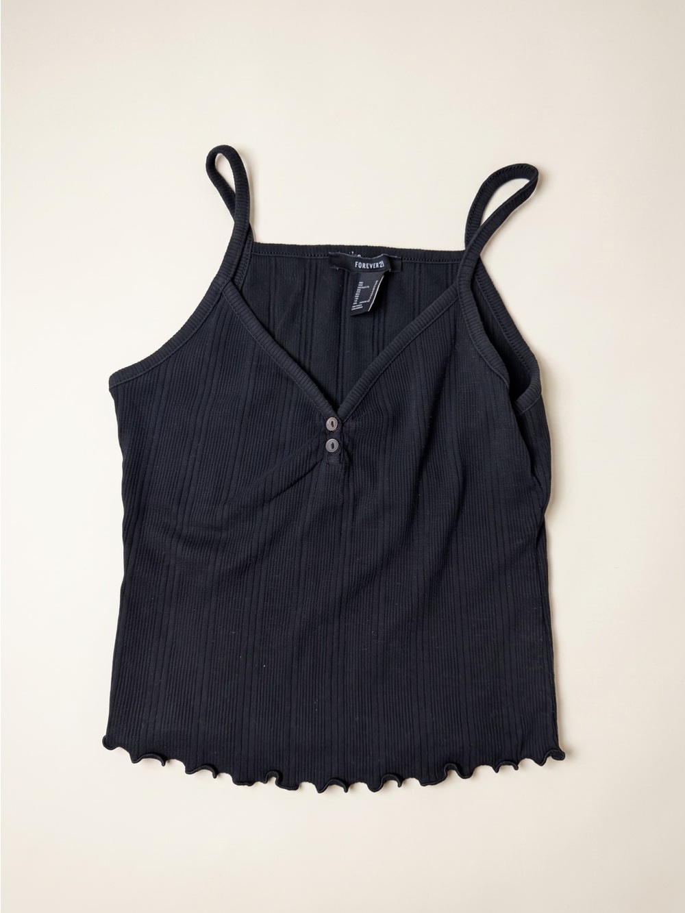 Forever 21 Black Ribbed V-Neck Cami with Button Detail